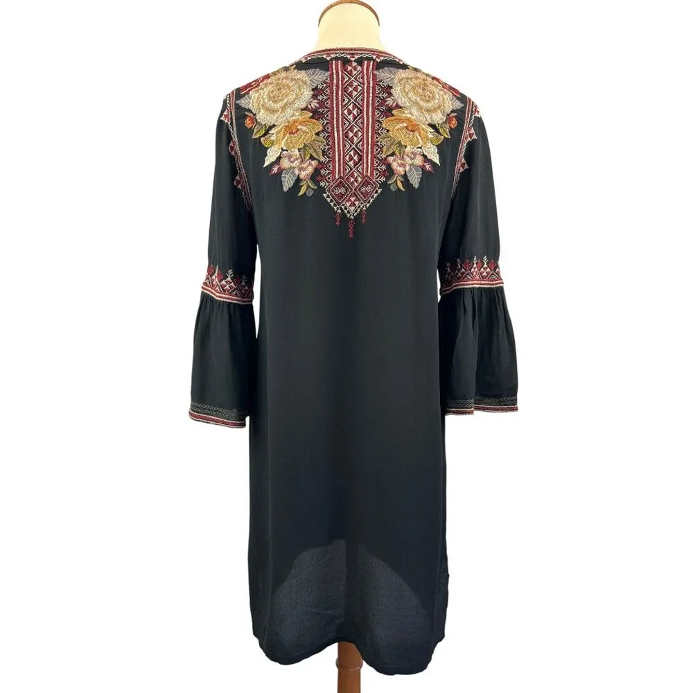 Johnny Was Black Embroidered Floral Silk Tunic Dress Womens S Artemis - Picture 3 of 13